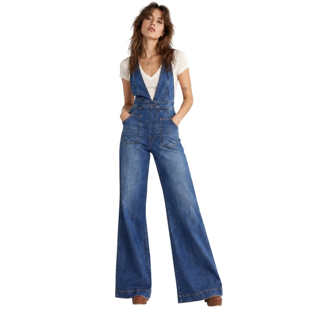Vintage Y2K Dollhouse Flare Denim‎ Overalls Plunging Crossback Jumpsuit Size 3